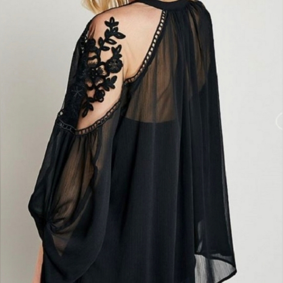 NEW Boho Embroidered Lace Sheer Bishop Sleeve Peasant Blouse Top Black - Picture 6 of 12